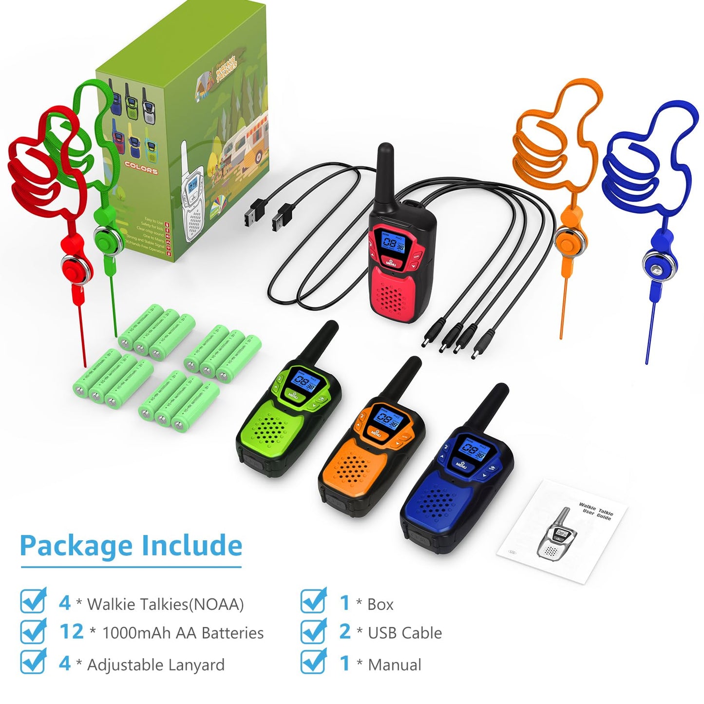 Topsung Walkie Talkie Rechargeable Easy to Use Family Walky Talky 4 Pack Toy for 3-12 Years Old Boys and Girls Birthday for Camping Hiking Outdoor with Regular Micro-USB Cable/Battery