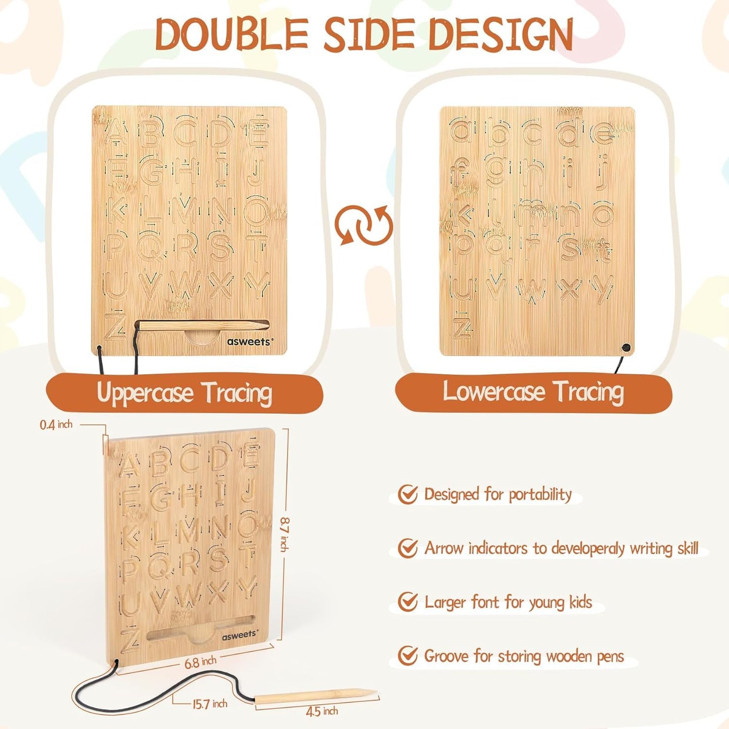 Asweets Montessori Wooden Alphabet Tracing Board, Bamboo, 9"x7", Double-Sided, 2 Pieces, Ideal for Toddlers and Preschool Gifts