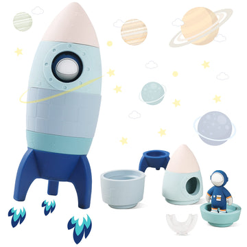 Jetmhh Silicone Rocket Stacking Toy - Space Rocket Toy - Baby Teething Toys -Early Learning Stacking Tower Educational Learning