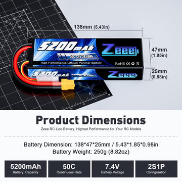 Zeee 2S Lipo Battery 7.4V 5200mAh 50C Battery with XT60 Plug Hard Case for 1/8 1/10 RC Vehicles Car Slash RC Buggy Truggy RC Air