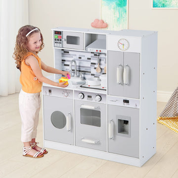 INFANS Kid Kitchen Playset, Pretend Wooden Toddler Kitchen Toy Set with Realistic Light & Sound, Pots & Pan, Microwave, Sink, Ch