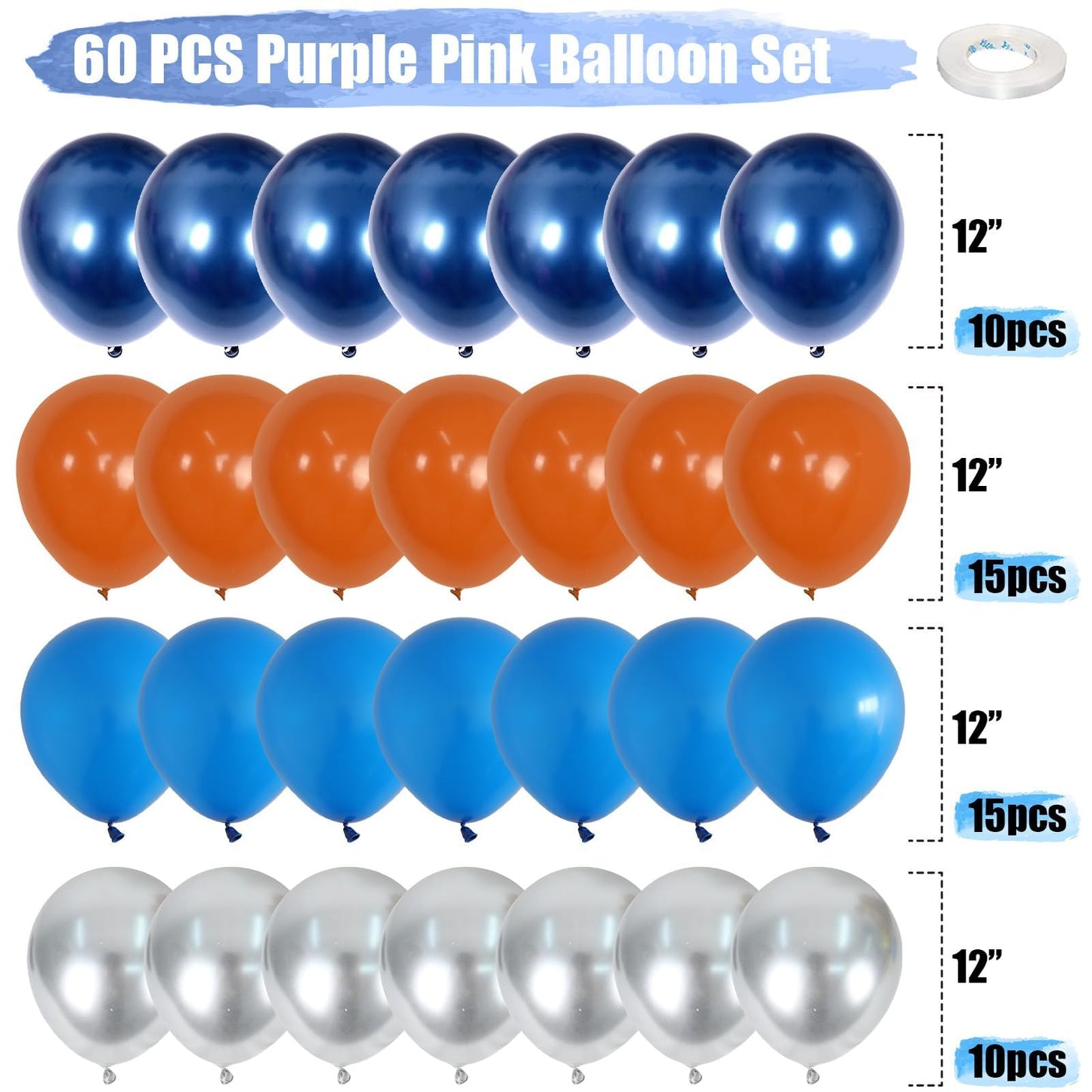 Jobkoo Blue Orange Space Balloons, 55 Pcs Set - Natural Latex Boys' Party Decorations For Birthday, Baby Shower, Wedding And Mor