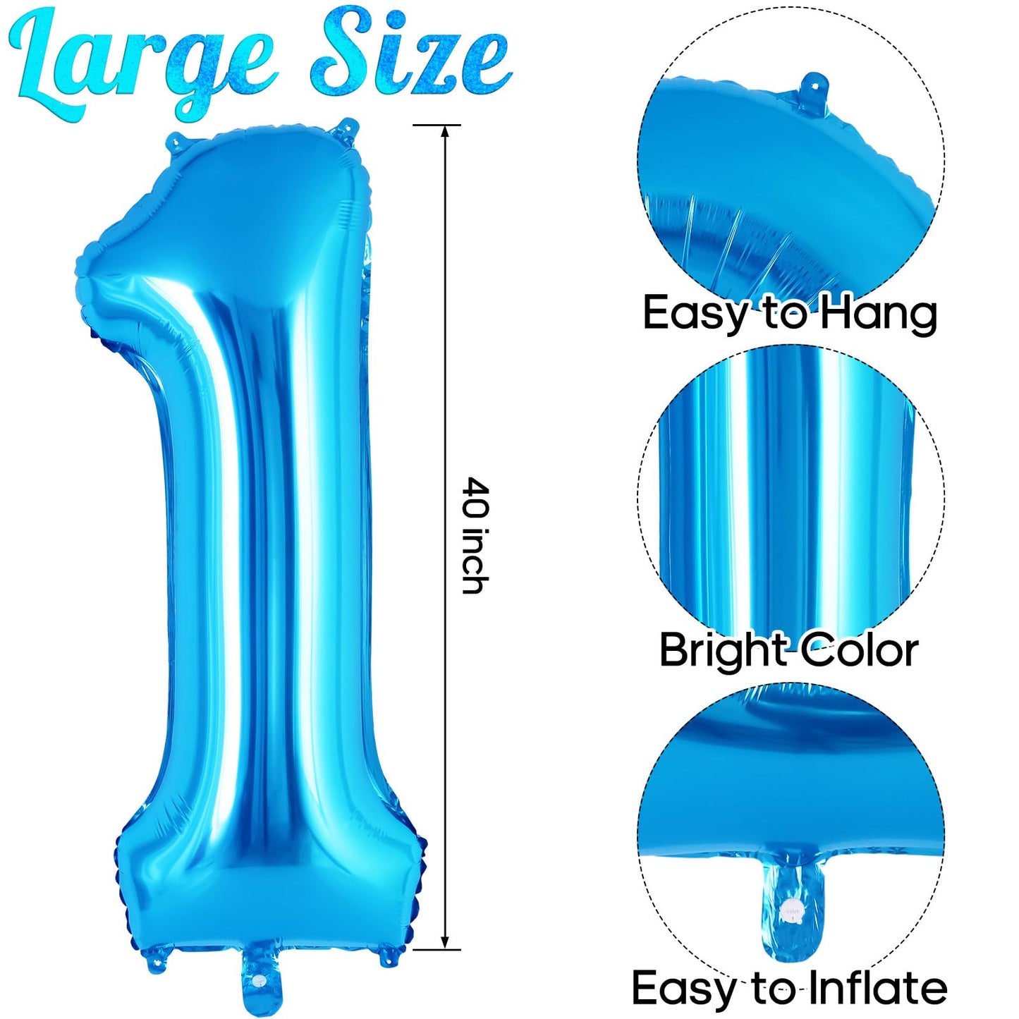 Blue Number 1 Balloon 40 Inch, Big Large Foil Helium Number Balloons, Jumbo Giant Mylar Number 1 Balloons For 1 First Birthday P