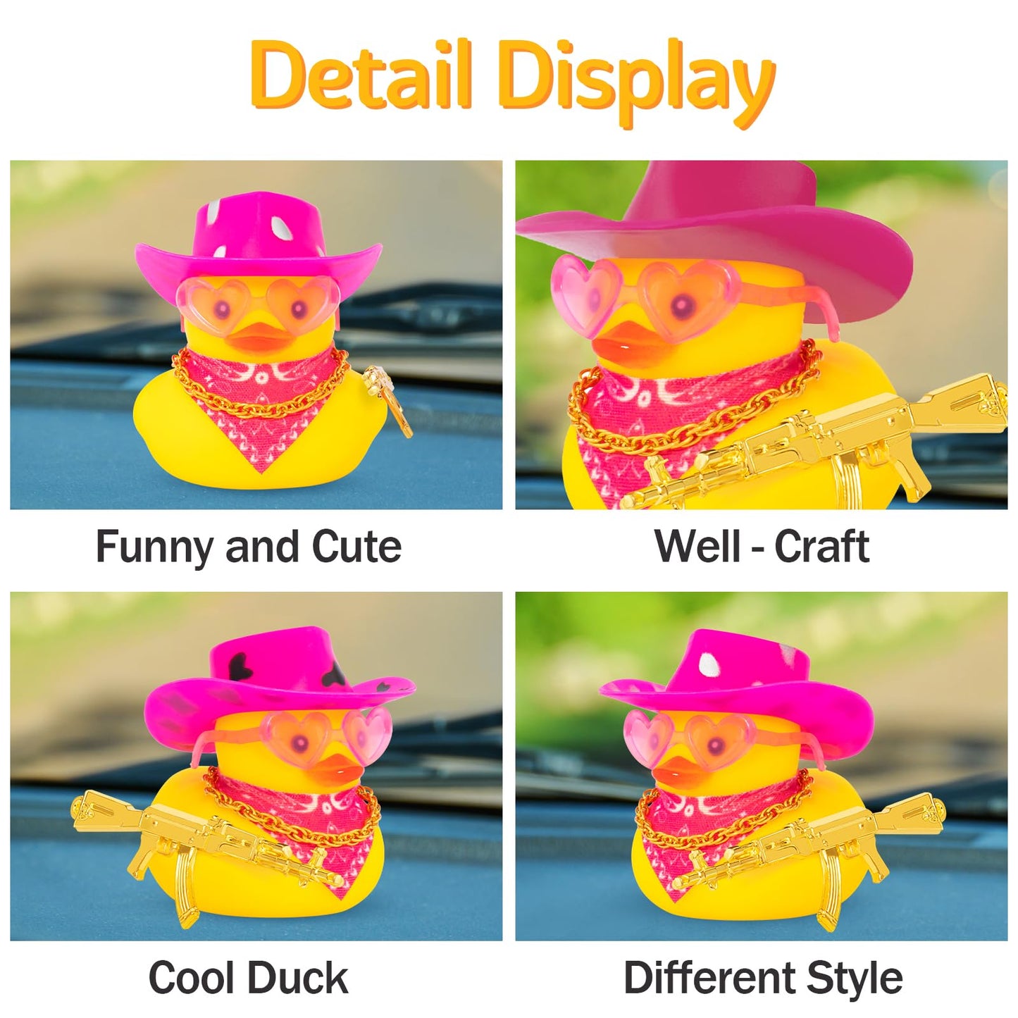 wonuu Rubber Duck Yellow Duck Car Dashboard Decorations Car Ornaments for Cool Car Accessories with Cowboy Hat Necklace and Sung