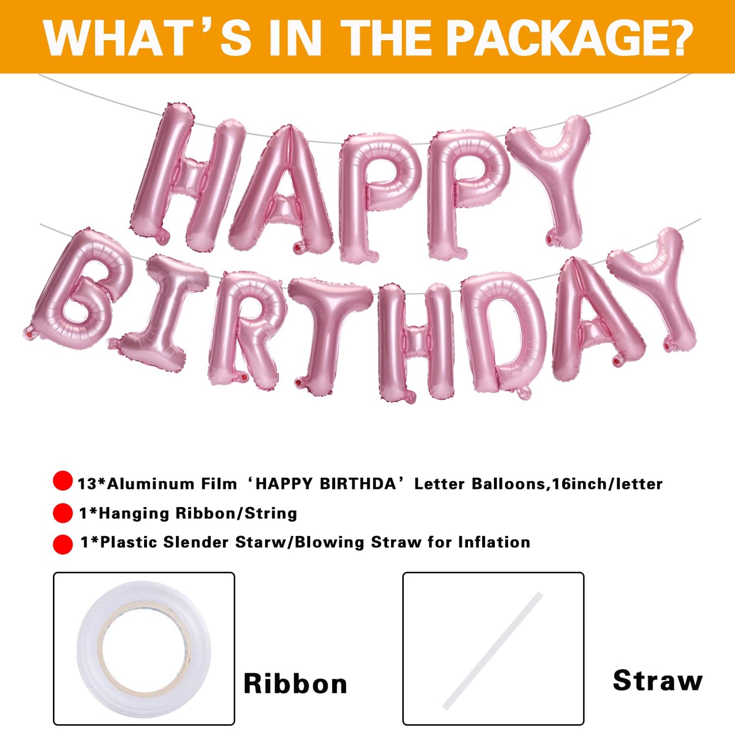 Accevo Pink Foil Happy Birthday Banner - 16 Inch Aluminum Balloons for Kids & Adults Birthday Decorations