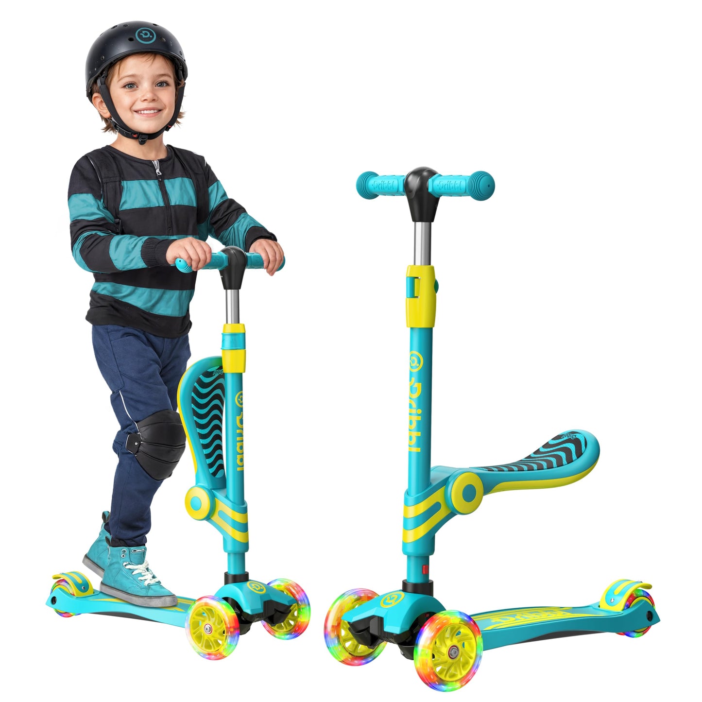 Aqua and Yellow 3 Wheel Scooter with Seat for Kids, Light-Up Wheels, Adjustable Lean to Steer Handlebar and Seat, Smooth Wheels,