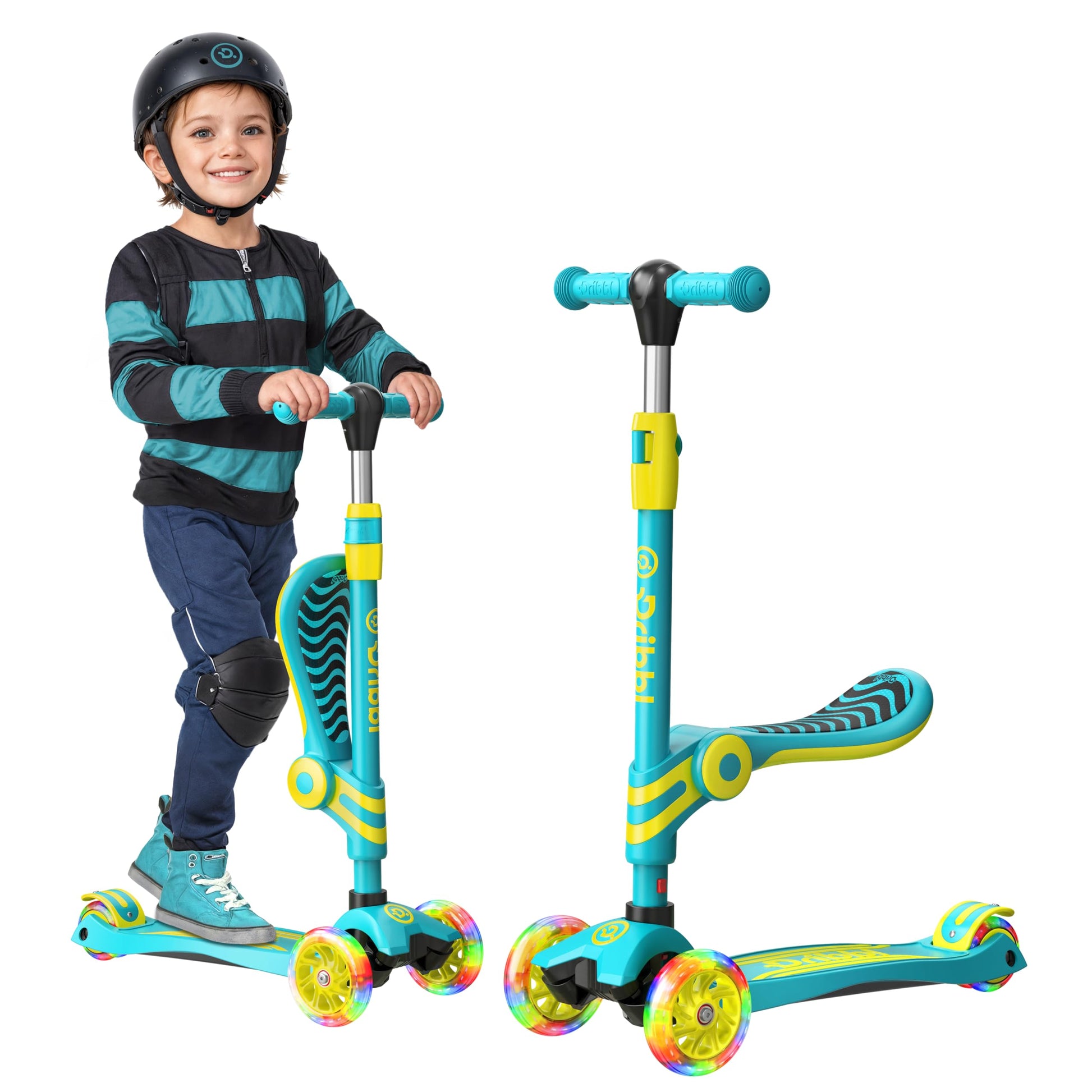 Aqua and Yellow 3 Wheel Scooter with Seat for Kids, Light-Up Wheels, Adjustable Lean to Steer Handlebar and Seat, Smooth Wheels,