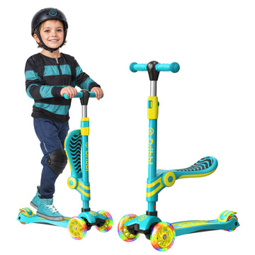 Aqua and Yellow 3 Wheel Scooter with Seat for Kids, Light-Up Wheels, Adjustable Lean to Steer Handlebar and Seat, Smooth Wheels,
