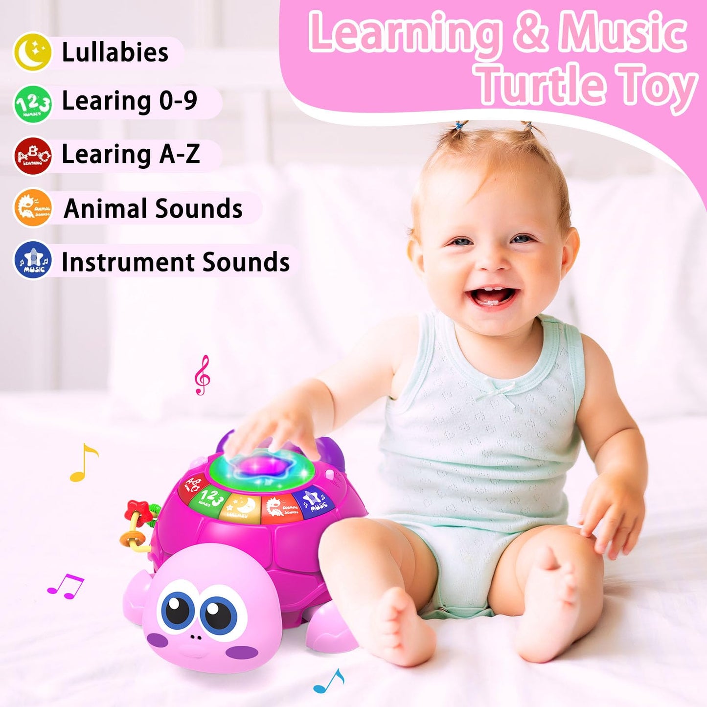 Ussybaby Baby Infant Light Up Music Turtle Toys, Baby Toys 6 To 12 Months With Phone, Baby Crawling Girl Toys 7 8 9 10 11 Months
