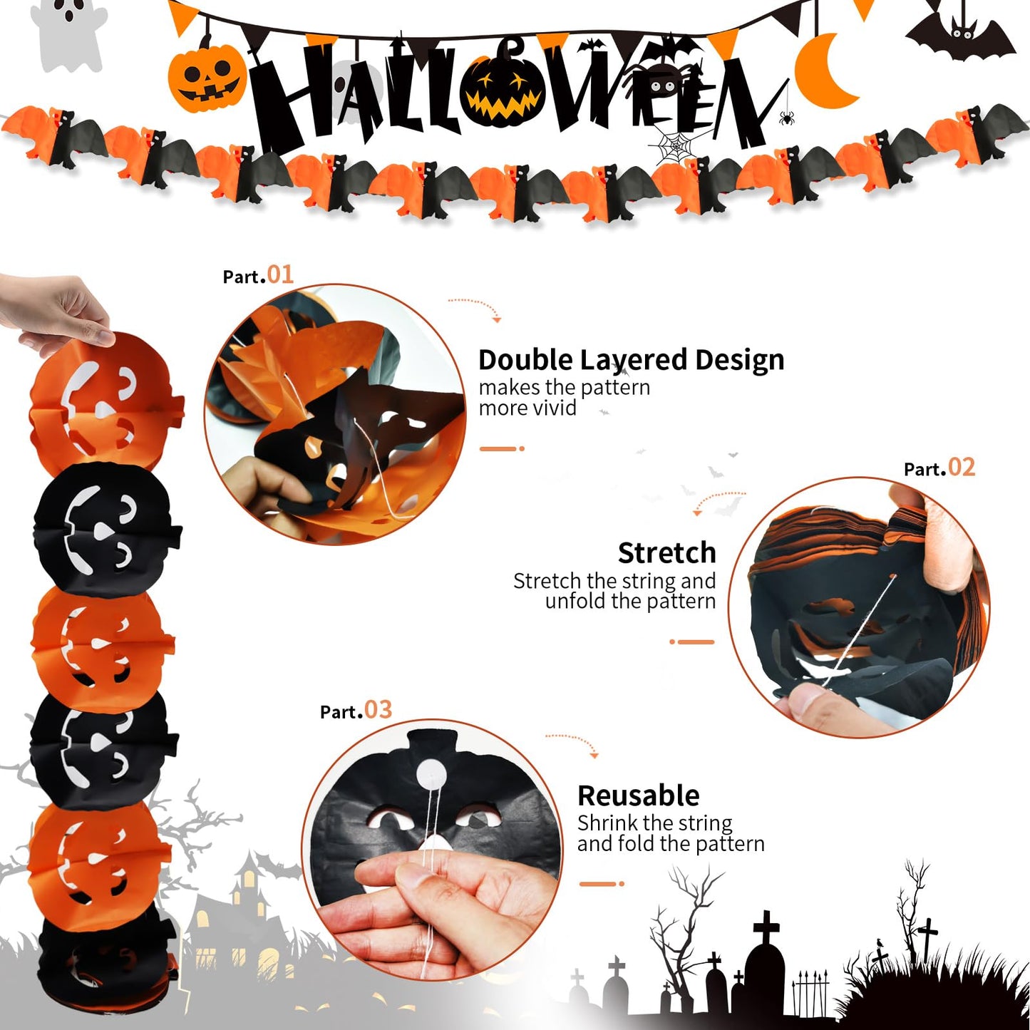 Ahfulife Halloween Party Decorations Set, Reusable Halloween Indoor Decorations Kit Including Happy Halloween Paper Banner For H