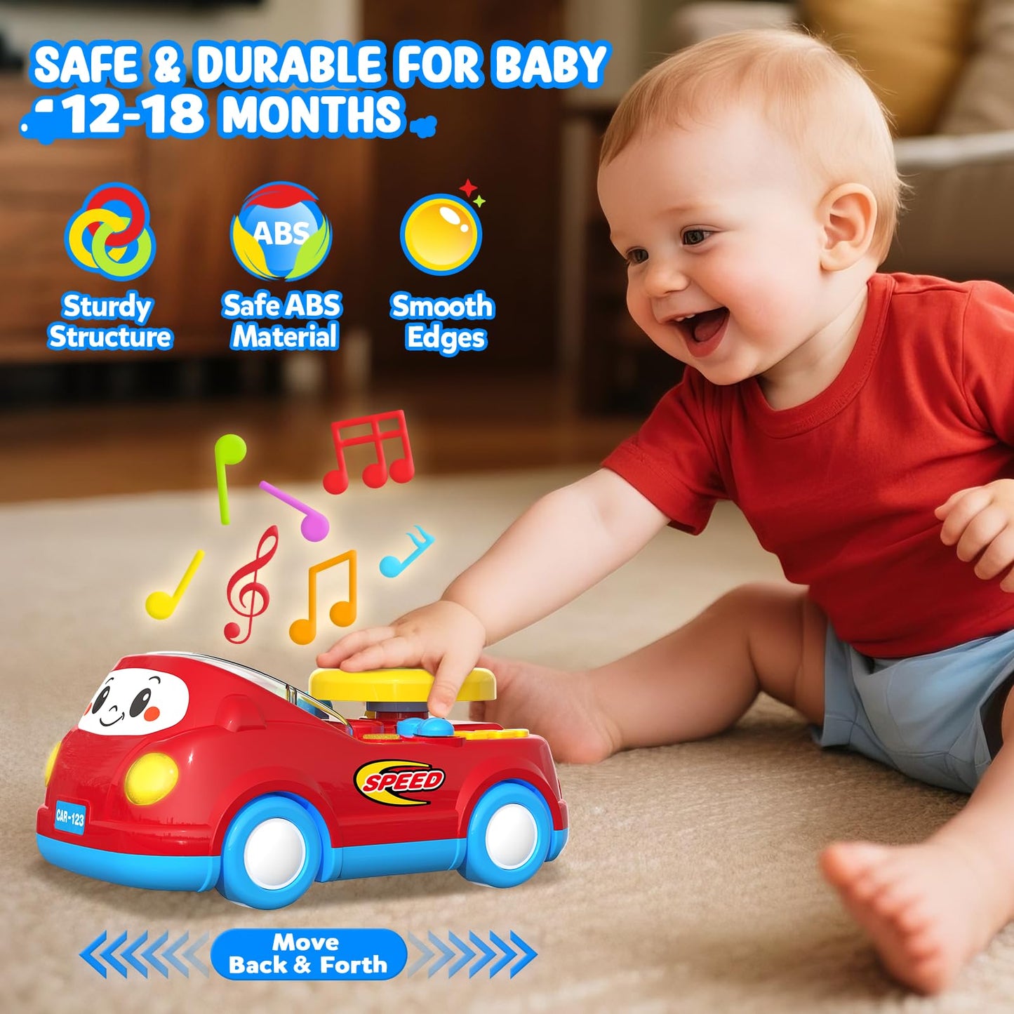 Heygelo 2-in-1 Toddler Push Car & Musical Steering Wheel - Red, Interactive Driving Game for Boys Aged 1-2, Model 2405D