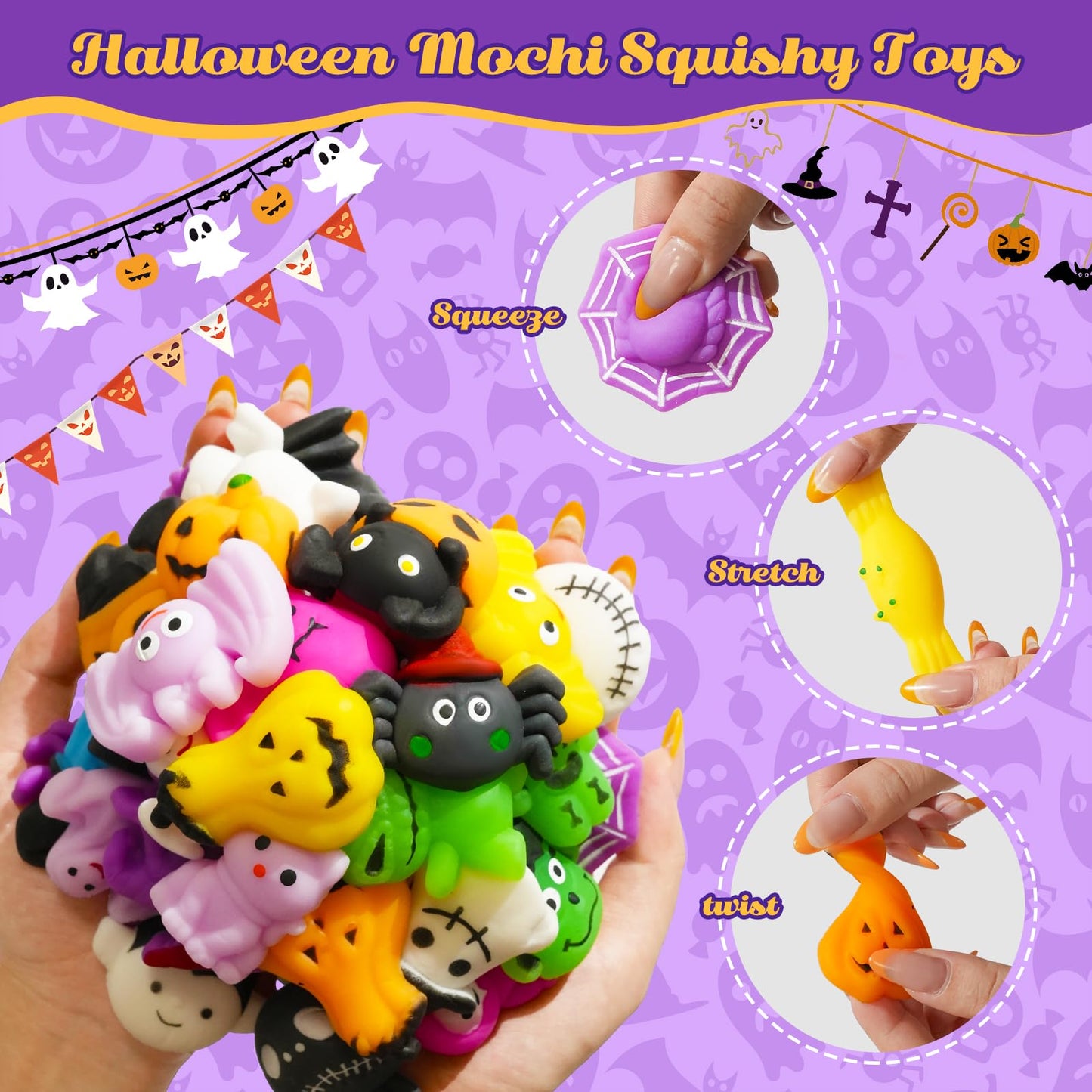 48PCS Halloween Mochi Squishy Toys for Kids  Halloween Fidget Toys Bulk  Mochis Squishies for Basket Goodie Bags Stuffers  Trick or Treat  Gifts  Boys  Girls  Classroom Party Favors  Treasure Box