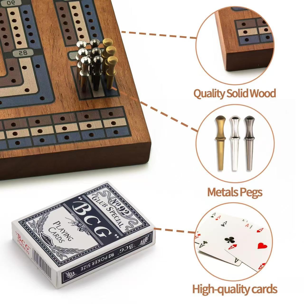 Wooden Cribbage Board Game Set, Travel Cribbage Board With Storage And Collapsible, With Magnetic Lock / 9 Metal Pegs/Full Deck