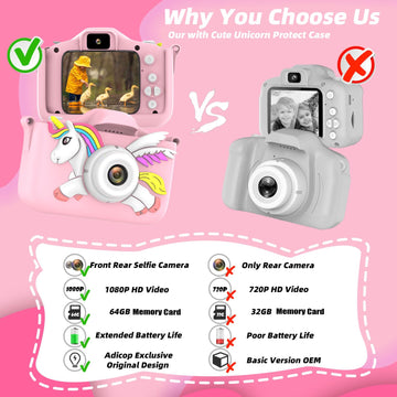 Kids Camera For Girls Boys Toddlers Childrens Age 3-8 Digital Selfie With 64Gb Card For Son Daughter Grandson Granddaughter Chri
