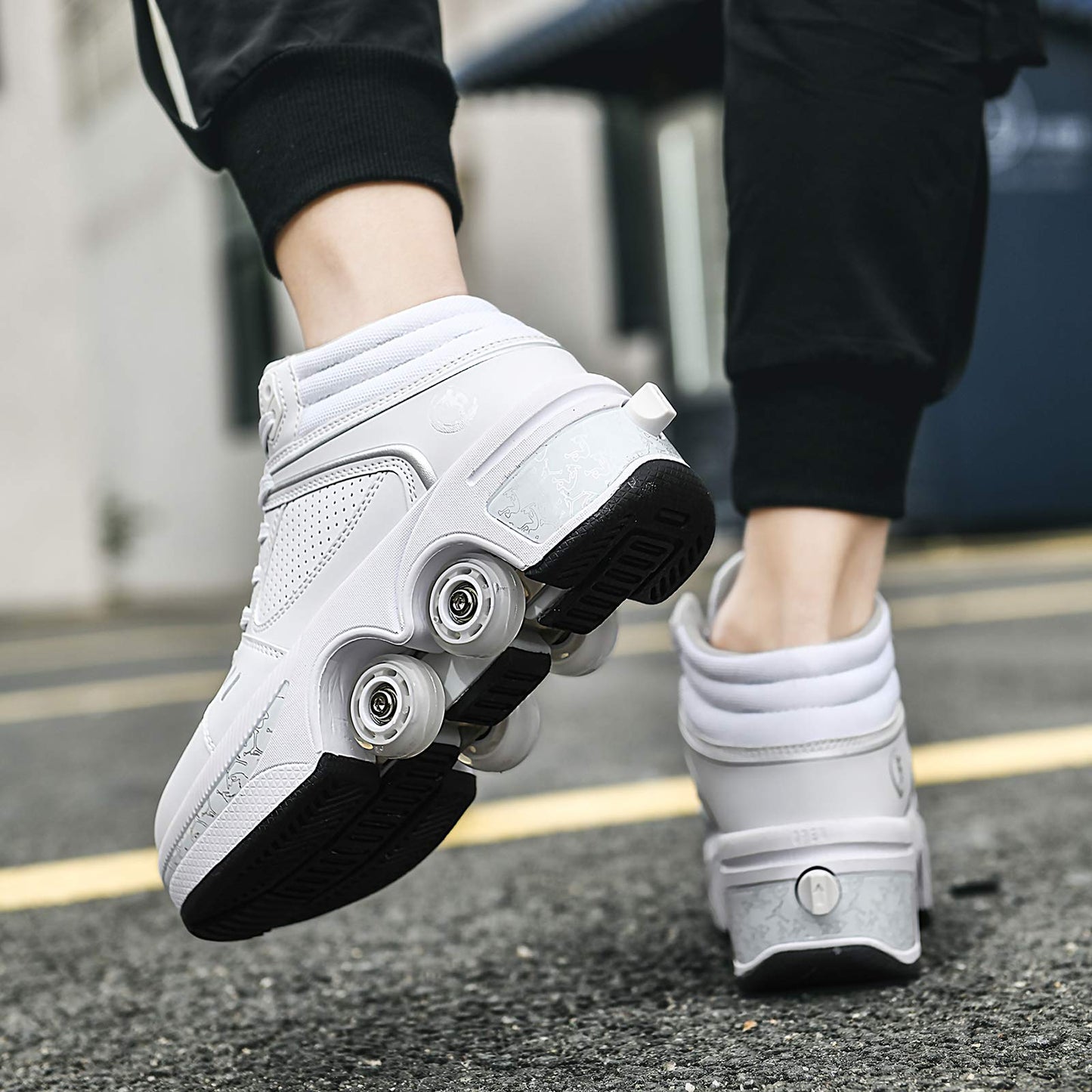 Double-Row Deform Wheel Automatic Walking Shoes Invisible Deformation Roller Skate 2 in 1 Removable Pulley Skates Skating Parkour (White high  US 6.5)