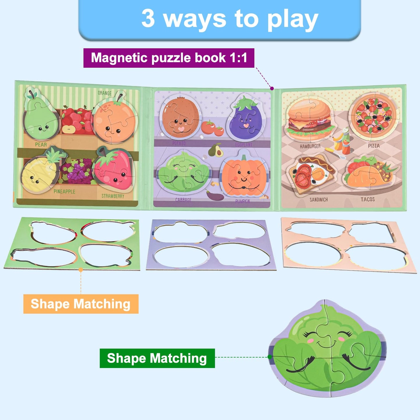 ASTARON 3D Magnetic Puzzle with 80 Puffy Stickers for Toddlers, 42 Pieces 3-in-1 Food Puzzles Preschool Education Learning Trave