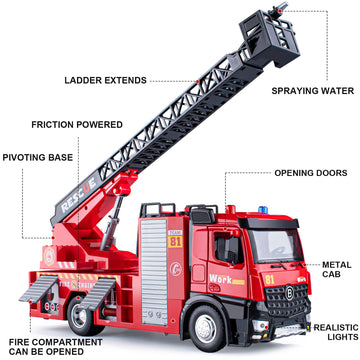 HAPYAD Fire Truck Toy Metal Cab, Fire Engine Truck with Lights and Siren Sounds, Working Water Pump and Ladder, Firetruck Toy fo