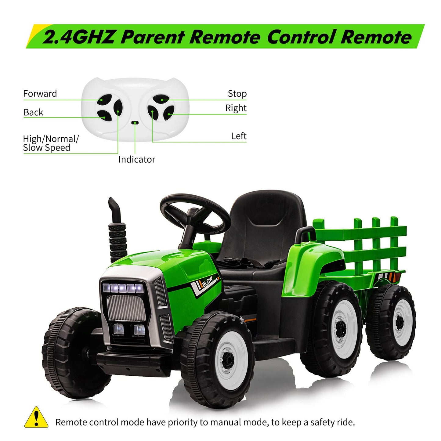 Nasitip 12V Battery Powered Electric Tractor with Trailer, Toddler Ride On Car w/Remote Control/7-LED Headlights/2+1 Gear Shift/