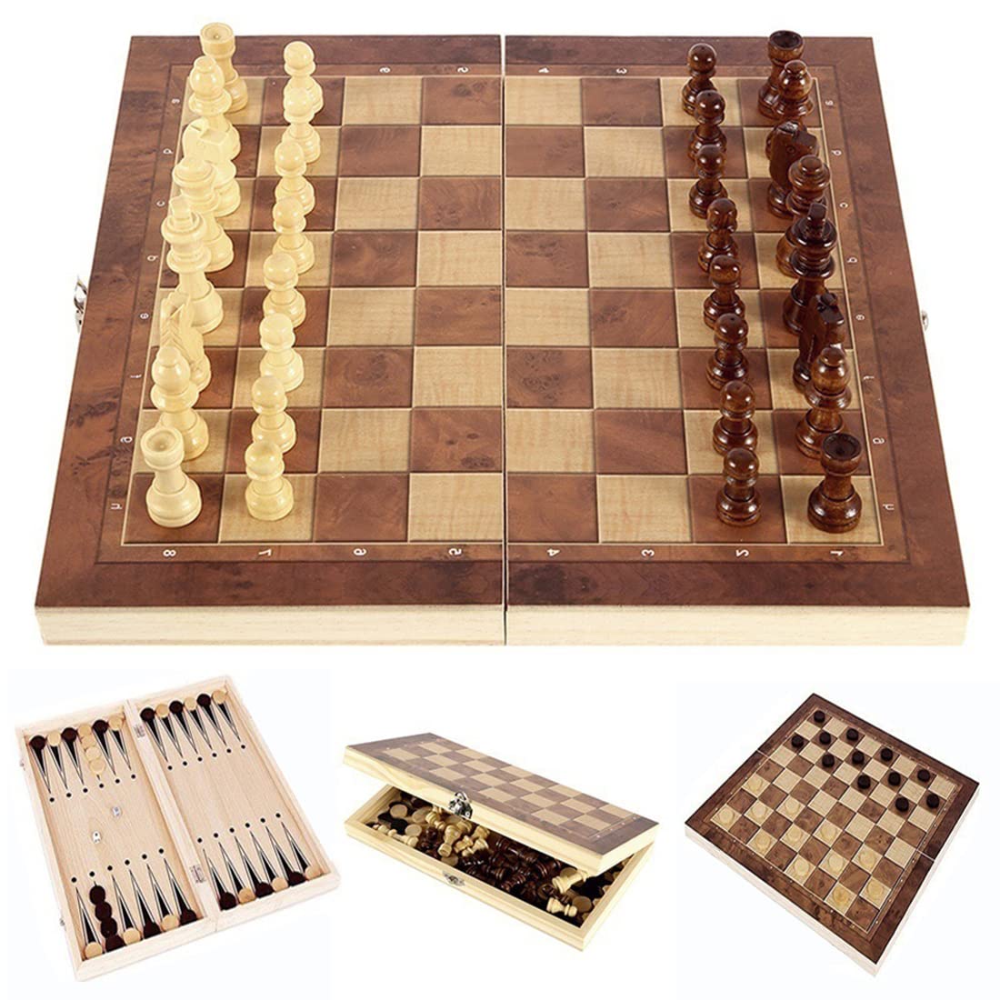 Chess Set,Folding Storage Wooden Chess Board Sets,17' Wooden Chess,3 In 1 Chess Board Game For Adults And Kids (Chess,Backgammon,Checkers)