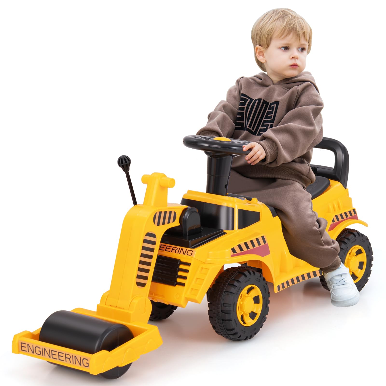 Costzon Ride on Road Roller, Sliding Kids Car with Adjustable Roller, Under-Seat Storage, Anti-Tipping Block & Engine Sound, Con