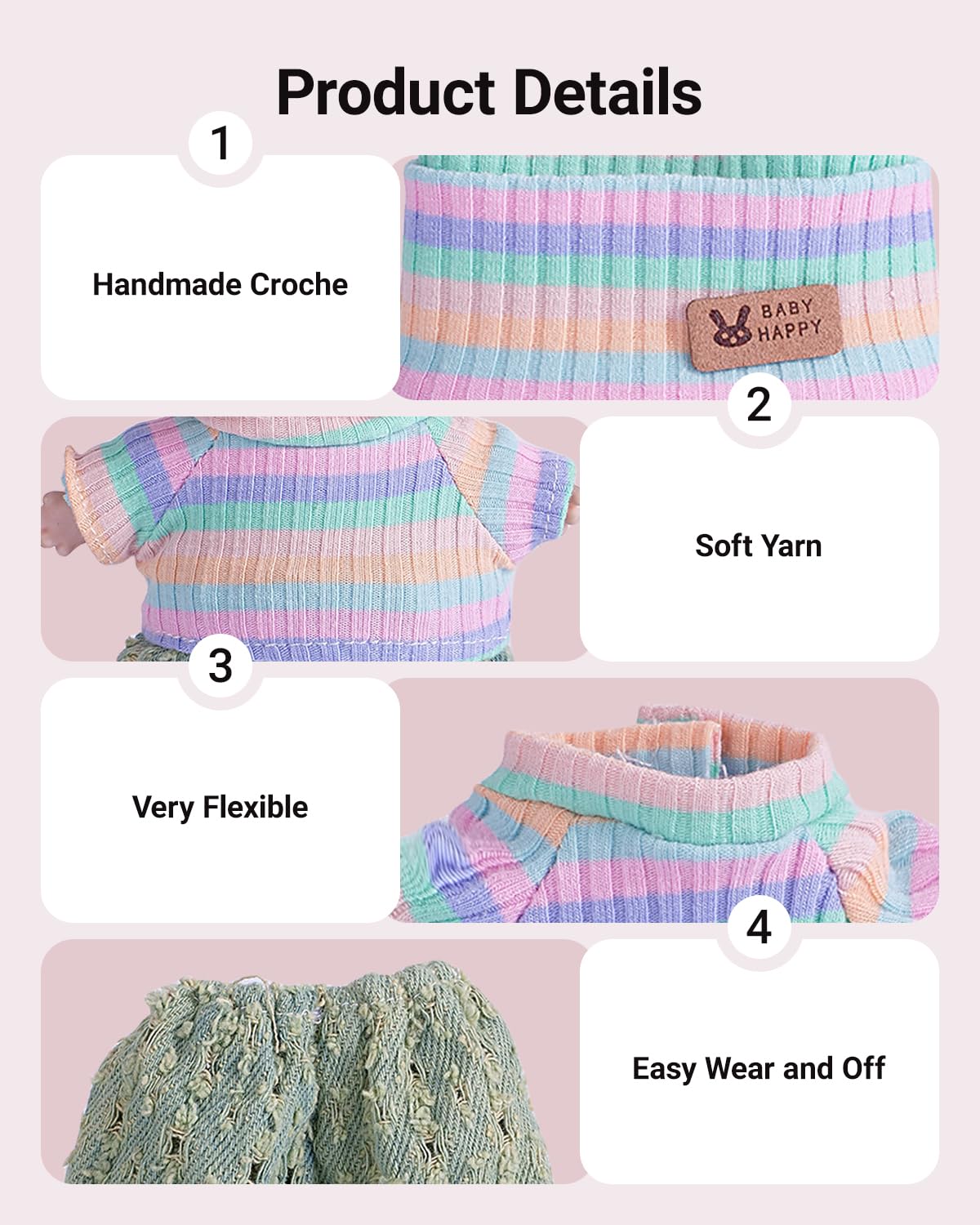 4-Piece Handcrafted Crochet 17cm/15cm Doll Clothes for Labubu (No Doll)  Cute and enhanced Rainbow Outfits with Accessories  Hand Crocheted Hat  Sweaters  Pants  Camera Bag for Girls Boys AK071