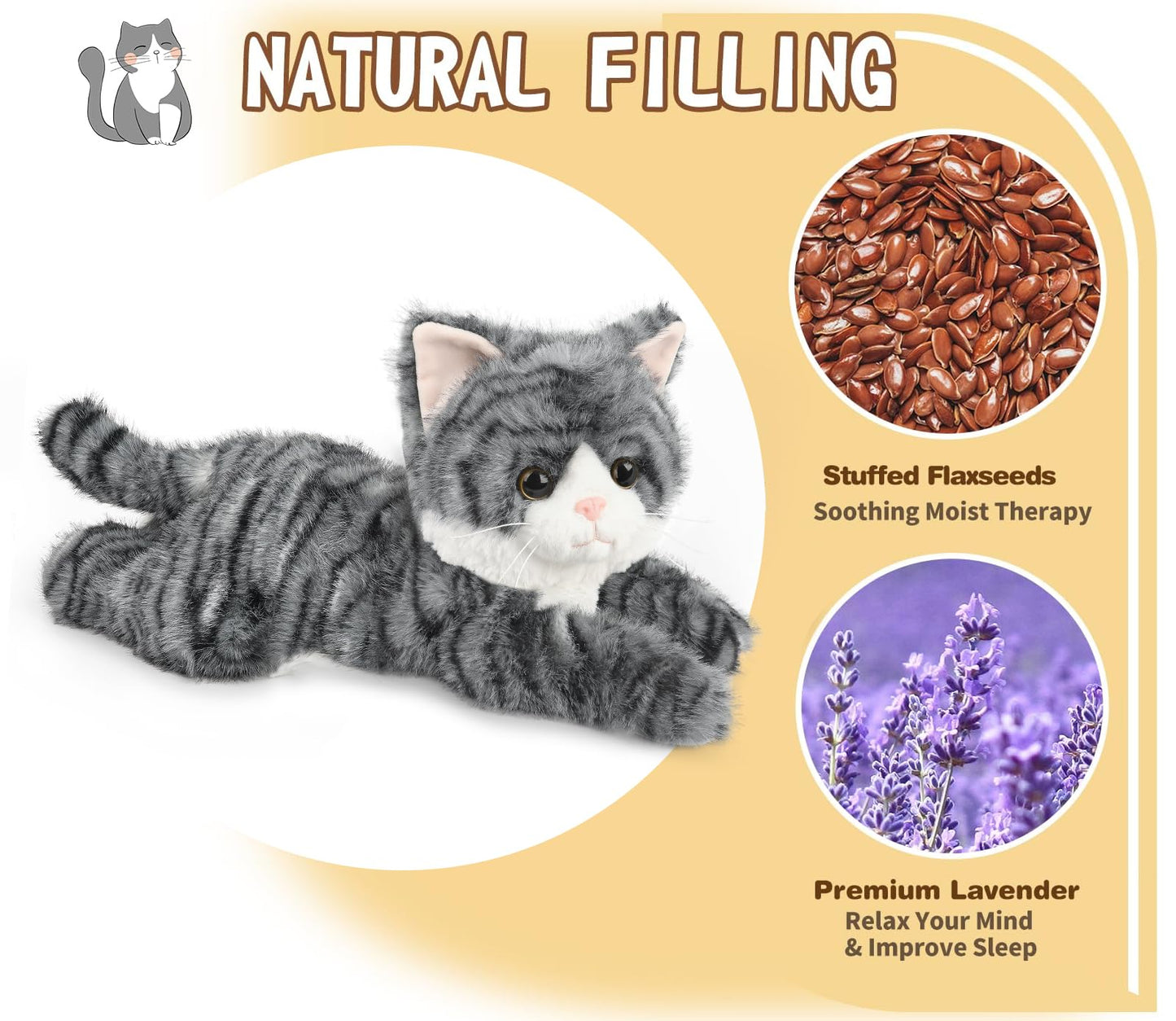 Cuckool Gray Tabby Cat Plush Toy, 14" Fluffy Microwavable Stuffed Animal, Heatable & Coolable, Soft Polyester Gifts for Kids & Adults