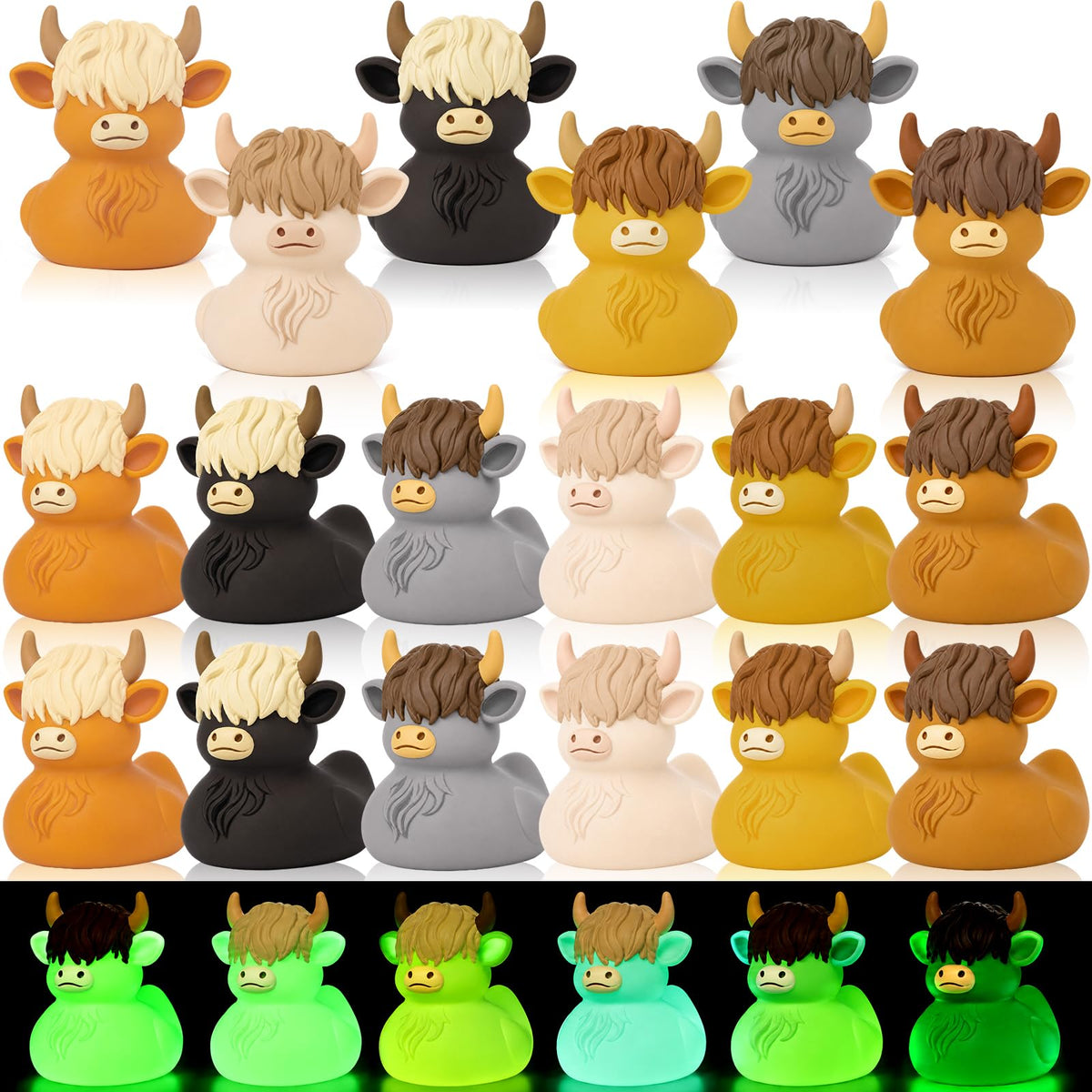 Seenelling 24 Pcs Glow in The Dark Highland Cow Rubber Ducks Squeak and Floating Bathtub Pool Toy Highland Cow Toy Party Favors 