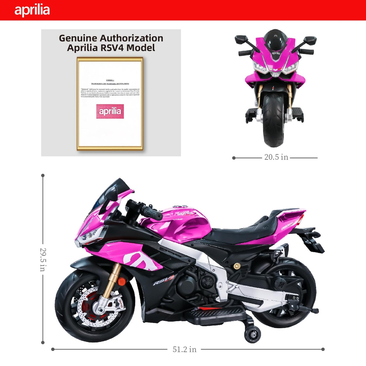 TCARAIWEN Aprilia Licensed 24V Kids Electric Motorcycle, Max Speed 10mph Ride-On Motorcycle with Training Wheels, Key Switch and