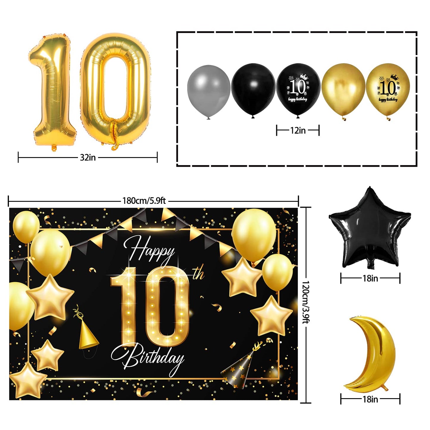 Happy 10Th Birthday Balloons Gold Set Decor - Cheers To 10 Years Old Party Theme Garland Star Moon Banner Backdrop Decorations F