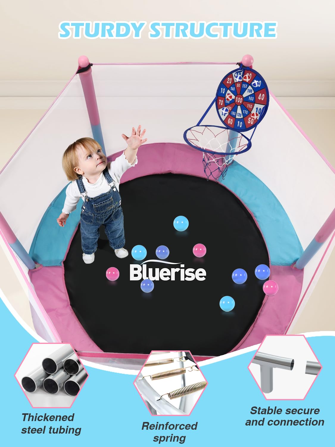 Bluerise 55In Toddler Trampoline For Kids Indoor Play For Kids Basketball Hoop Attachment With Enclosure Net Easy To Assemble Re