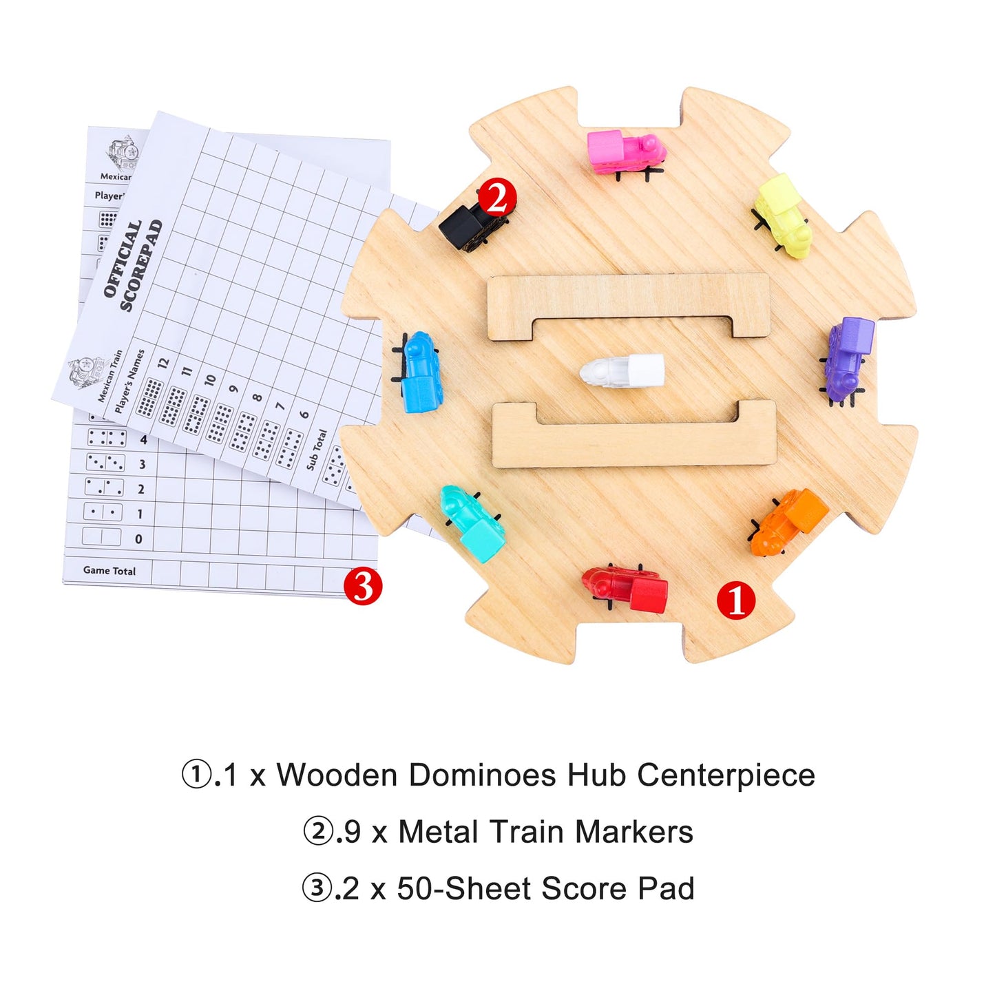 Offelec Mexican Train Dominoes Accessories Set - 1 Pine Wooden Mexican Train Hub With Felted Bottom, 9 Colorful Metal Mexican Tr
