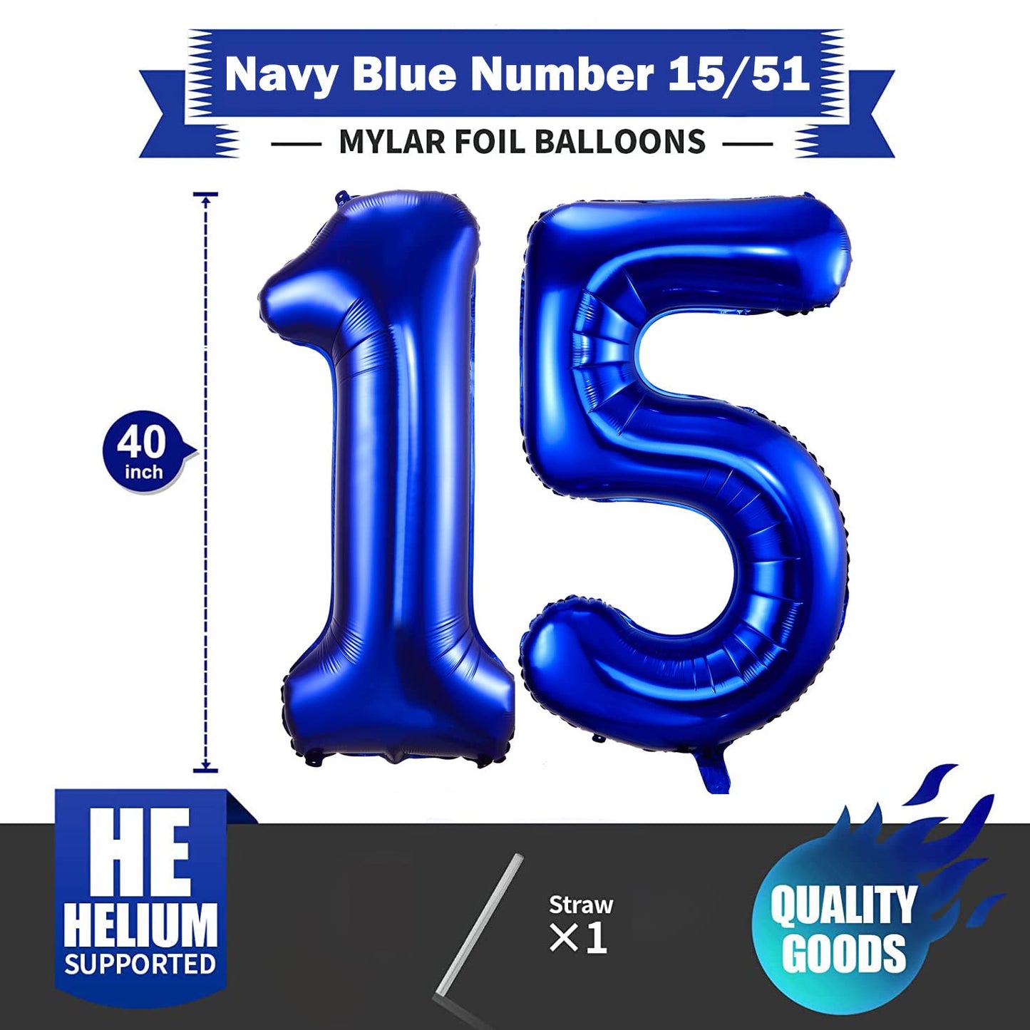 BBPOOL 40 Inch Navy Blue Number 15 Foil Balloon for Birthday Party Decorations