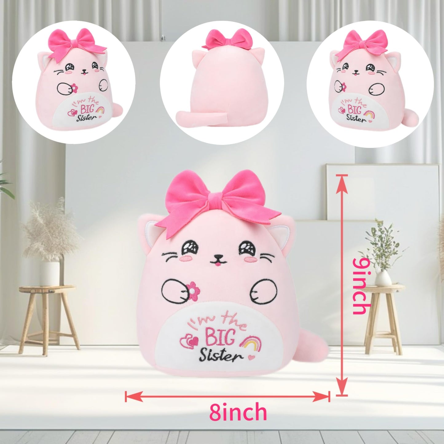 NIUBEHOHO Big Sister Plush Cat Stuffed Animal - 10 Inch Pink Cat with Bow, Perfect Gift for New Siblings, Soft Cotton Material