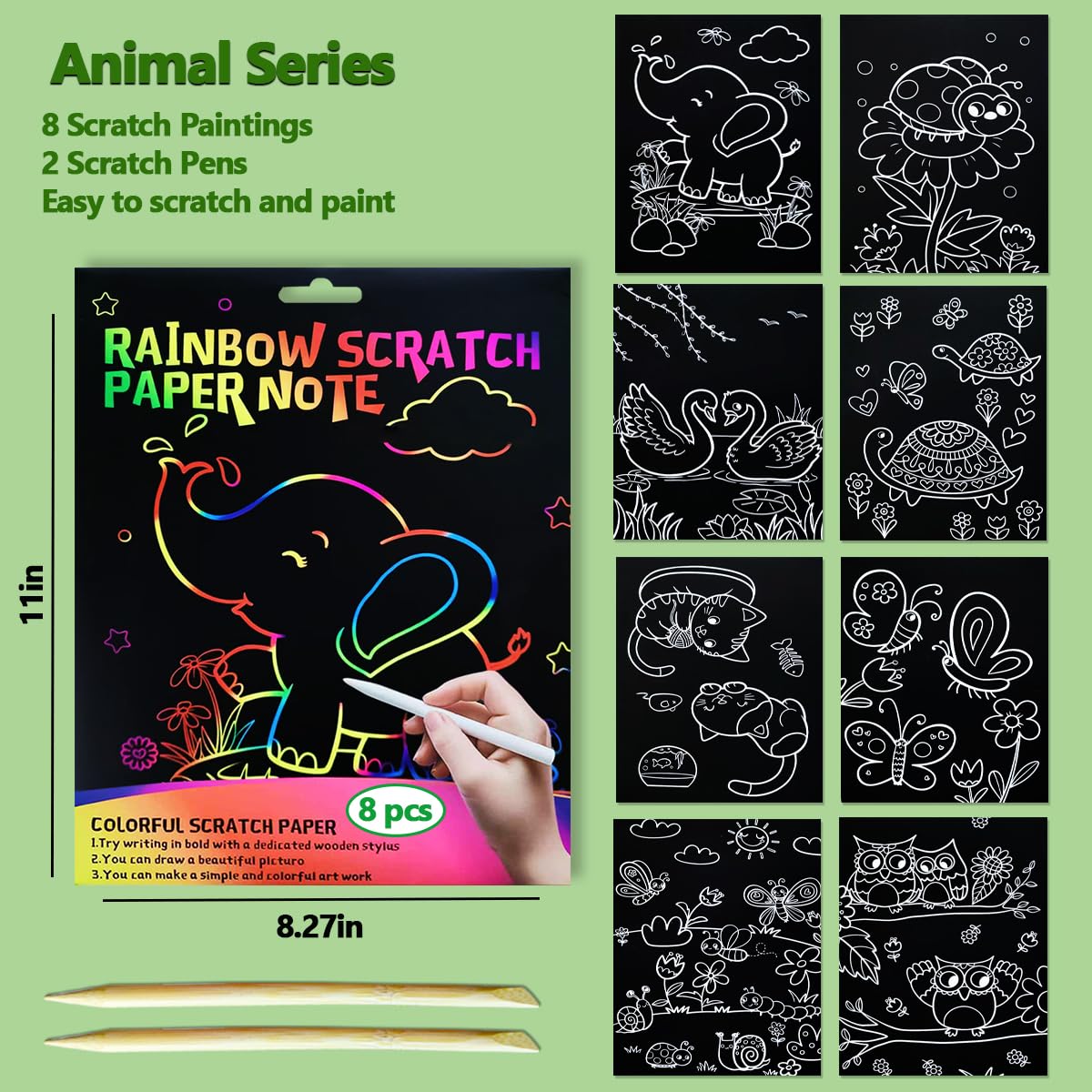 JUNQIU Scratch Art for Kids, Rainbow Scratch Paper Art Set - Animals, Arts and Crafts for Kids Ages 4-8 Girls Boys, Kids Activit