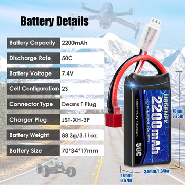 URGENEX 7.4V 2200mAh Lipo Battery 50C(Burst 80C) High Discharge Rate RC Batteries Deans T Plug with 1 to 2 USB Charger Fit for R