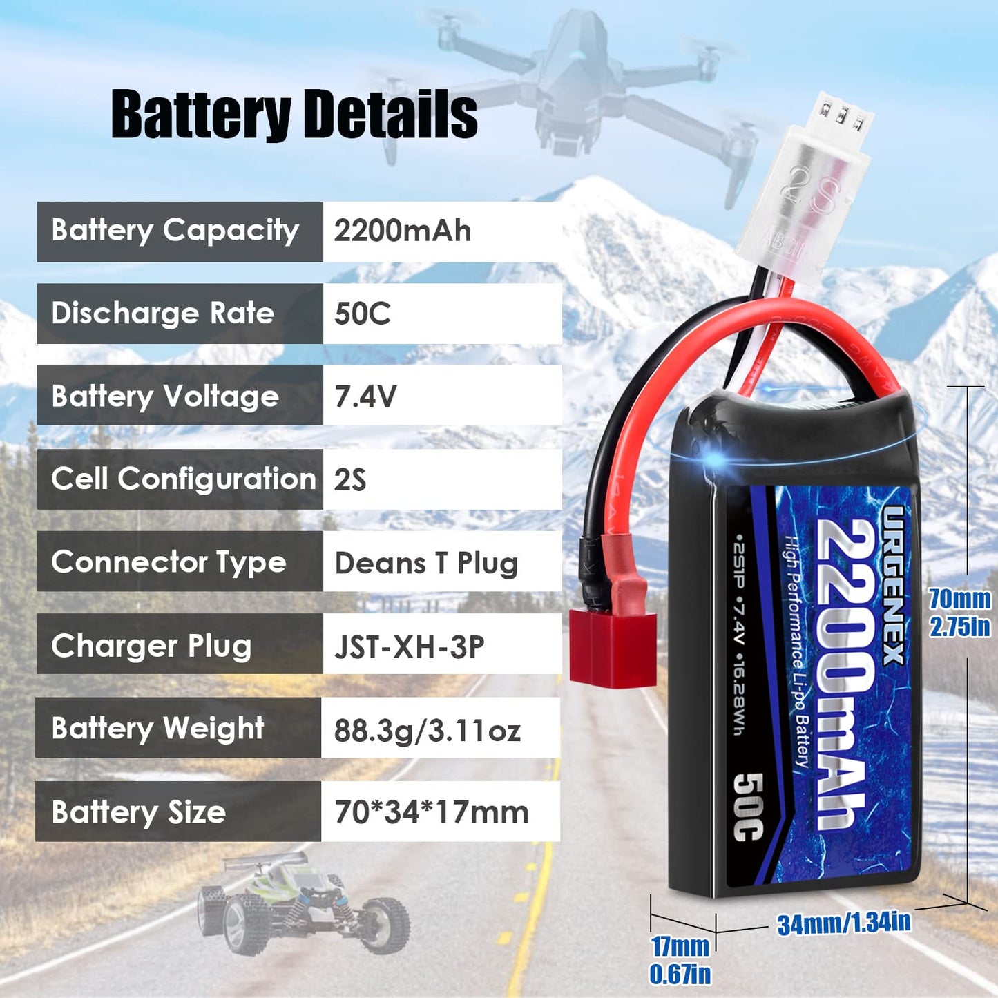 URGENEX 7.4V 2200mAh Lipo Battery 50C(Burst 80C) High Discharge Rate RC Batteries with Deans T Plug Fit for RC Car Truggy, RC Ai