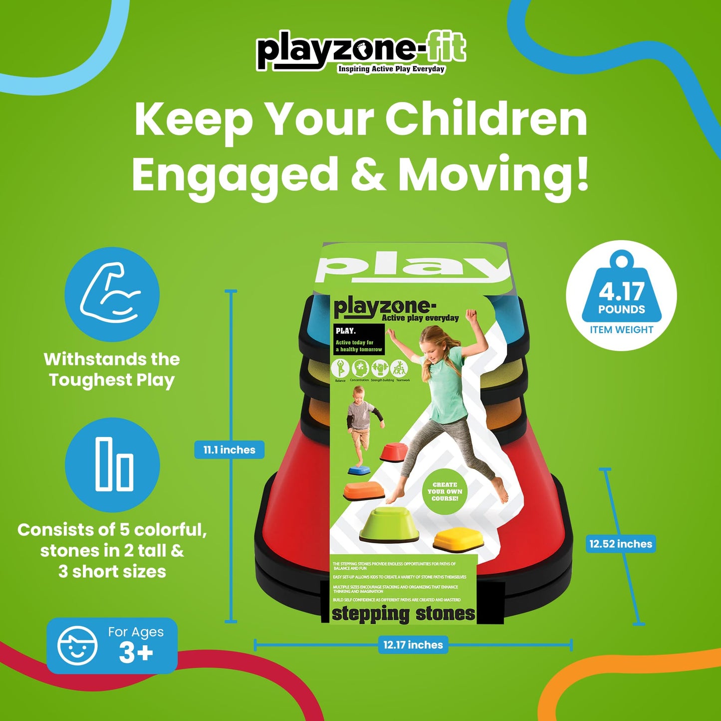 Playzone Balance Stepping Stones Obstacle Course For Kids Durable, Non-Slip Design Indoor And Outdoor Toys In 2 Fun Sizes, Set O