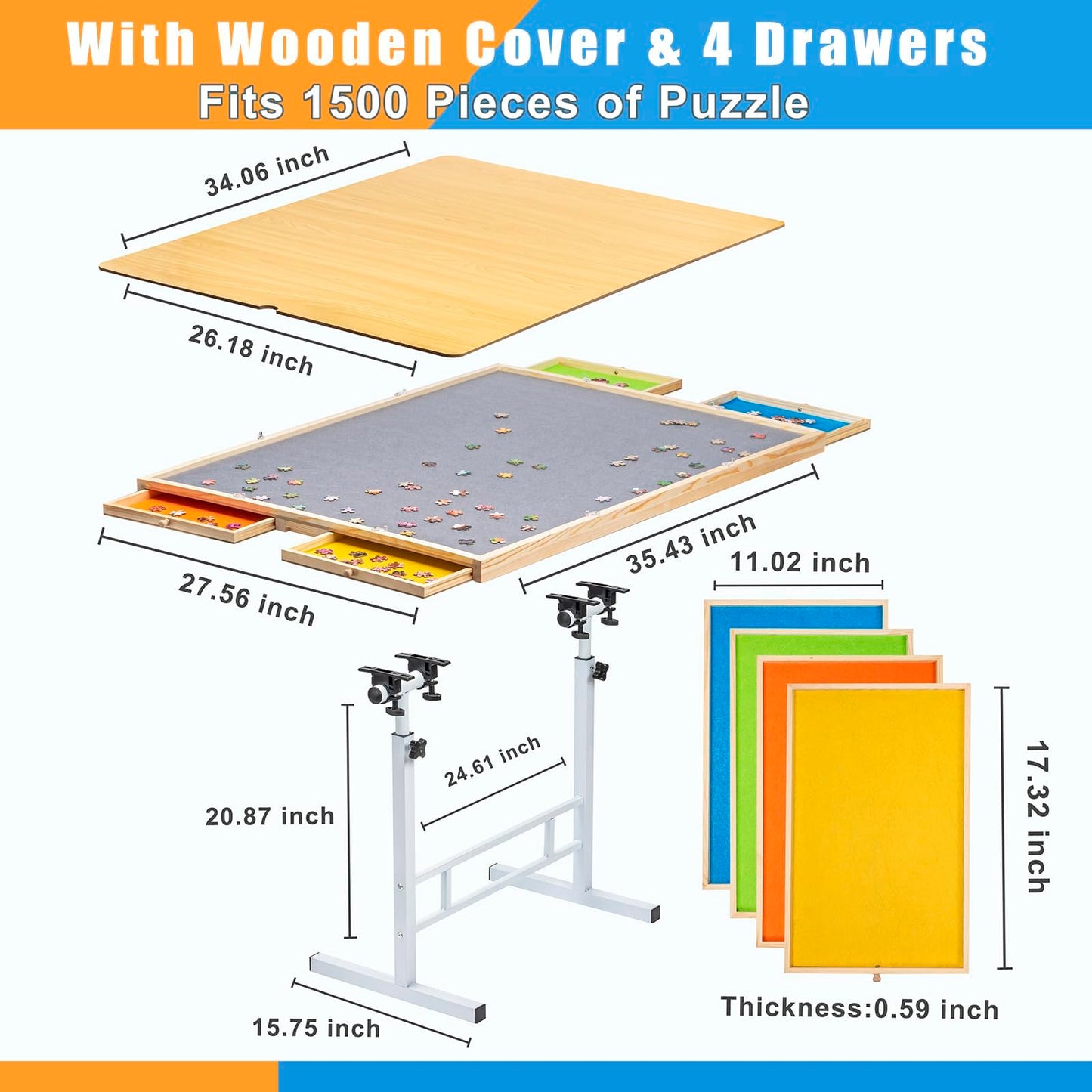 Fanwer Adjustable Puzzle Table - 35"x26", Grey Wood, 1500 Piece, with Drawers, Angle & Height Adjustable for Adults & Kids