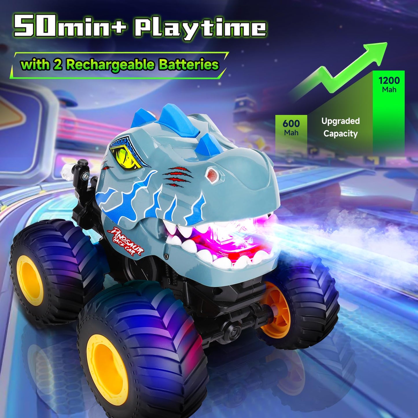 Drefirsa Remote Control Car for Boys 4-7 8-12, Dinosaur Monster Truck Toys with 50min+ Runtime, Spray, LED Light, 360 Rotating &