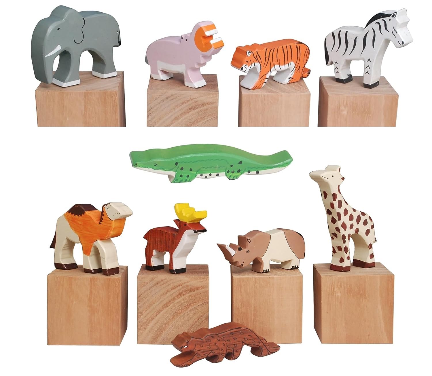 Channapatna Toys 10 Piece Wooden Wild Animals/Forest Animals/Classic Toy For Pretend Play/Educational Balancing Toy