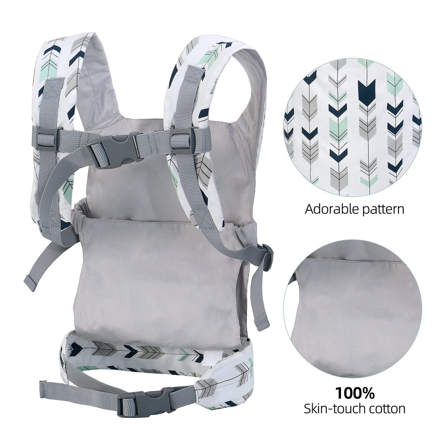 Baby Doll Carrier Front and Back Baby Doll Accessories Backpack Kid Toddlers Play Toy Baby Carriers for Babydoll Pretend with Adjustable Straps for Little Girls (Green Arrow)