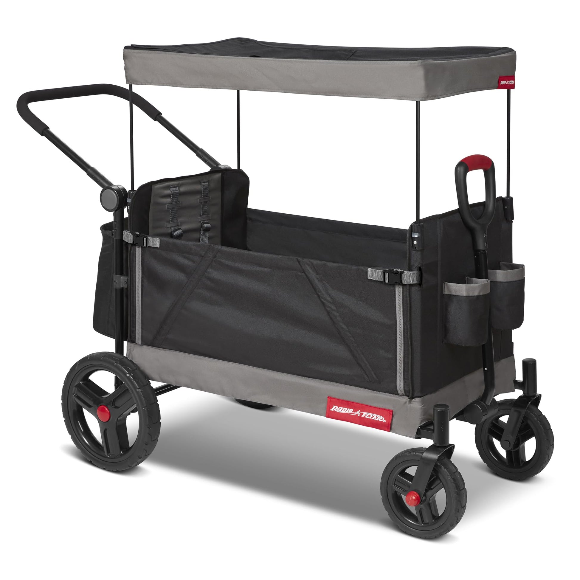Radio Flyer Collapsible Folding Push And Pull Stroller Kids Wagon With Protective Canopy Cover And Travel Case For Ages 1 And Up, Black