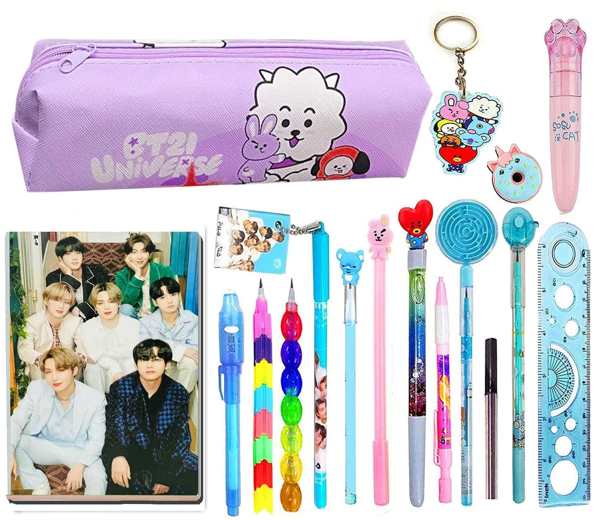 KOBBET Kids Stationery Gift Combo Set with Pencil Pouch, Notebook, Pens, Keychain Ruler