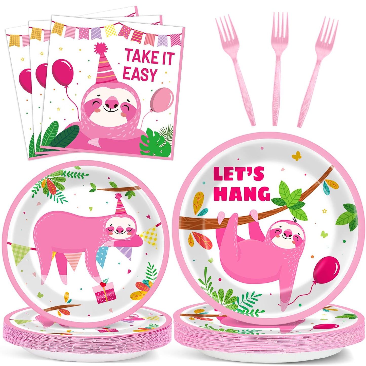 96 Pcs Sloth Animal Party Supplies Sloth Birthday Party Tableware Set For Kids Sloth Themed Paper Plate Sloth Hanging Decoration