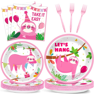 96 Pcs Sloth Animal Party Supplies Sloth Birthday Party Tableware Set For Kids Sloth Themed Paper Plate Sloth Hanging Decoration
