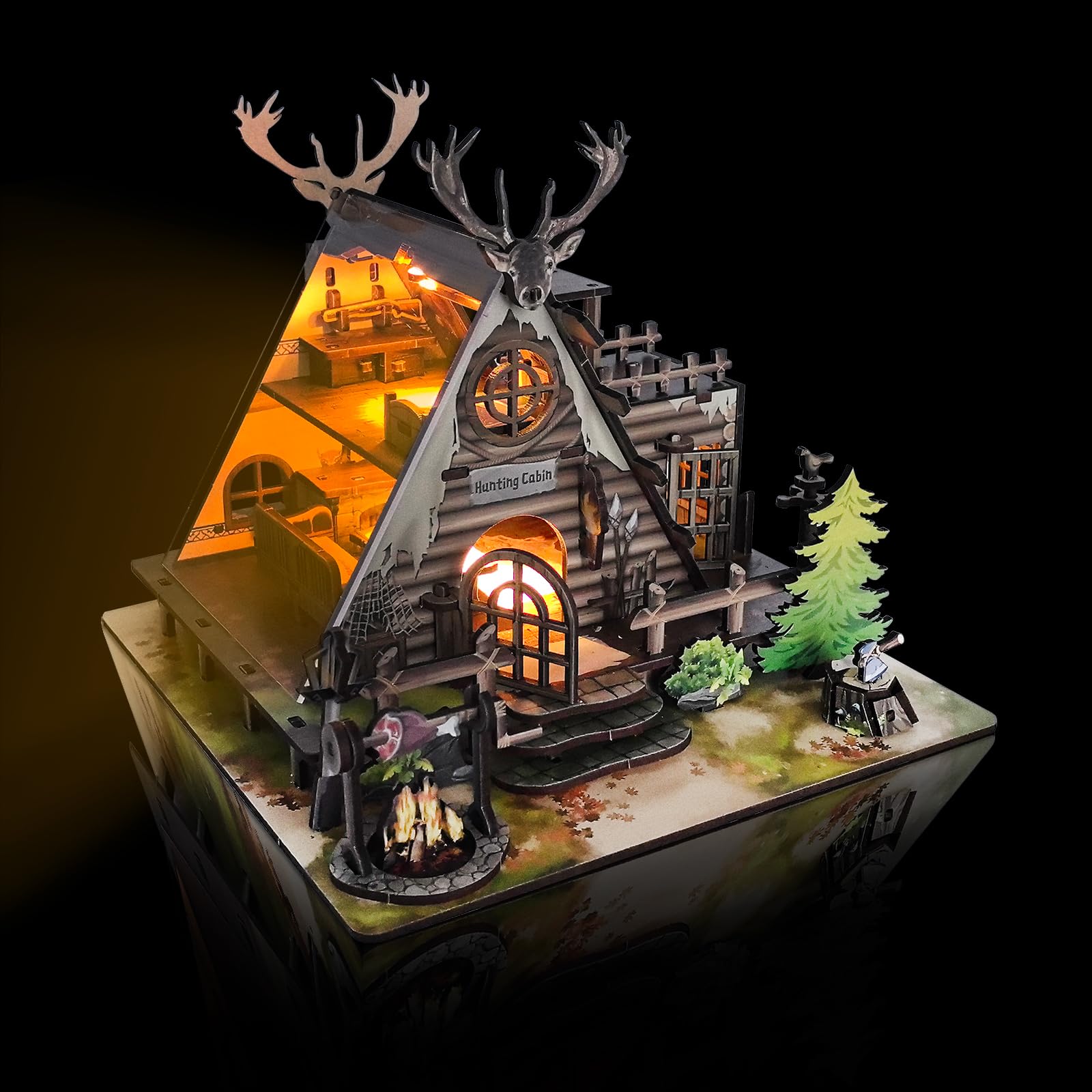 Model Kit mature-themed Miniature House Kit  Doll Houses Book Nook DIY Kit with Furniture and USB -LED Light  Bookshelf Miniature Scenes  Dollhouse Kits for mature-themeds  Children (Hunting-Cabin)