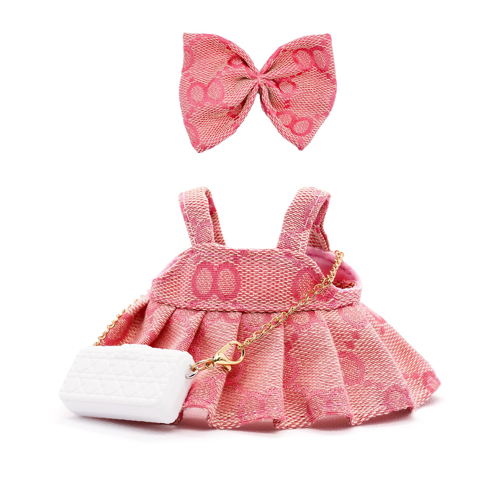 LYBHYQTII Doll Clothes Compatible with Labubu 17cm  enhanced Dolls Accessories 3 Piece Set Including Chic Spaghetti-Strap Dress & Bag and Bow  High-End Fashion Outfit for Play & Display - Pink
