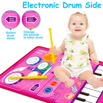 2 In 1 Musical Toys For Toddlers 1-3 Piano Keyboard & Drum Mat, Music Sensory Play Mat Baby Toys For 1 Year Old Developmental Toddler Girl Toy Age 1-2 Birthday Gifts For 1 2 Year Old Girls Present
