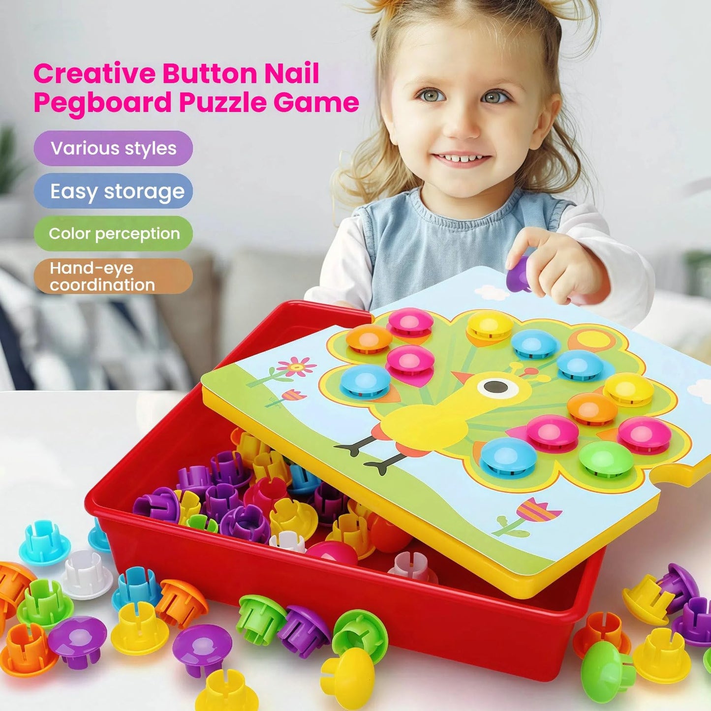 TINOTEEN Button Art Toy - Educational Mosaic Pegboard for Toddlers, Includes 50 Buttons & 18 Pictures, Model JD-TT-BA, Plastic Construction