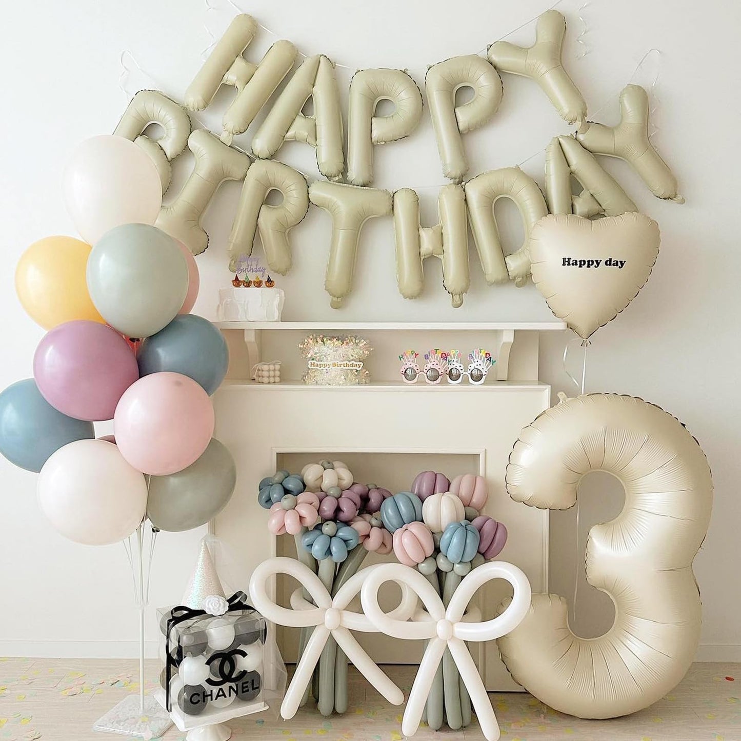 Happy Birthday Balloons Banner Beige,16 Inch Cream White Mylar Foil Letters Birthday Sign Banner Bunting For Boys Girls Men Wome